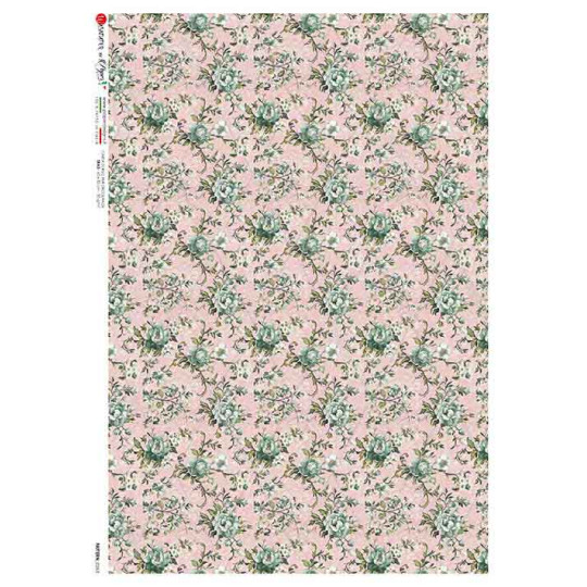 PInk and Green Chintz Floral Design Rice Paper Decoupage Sheet ~ Italy