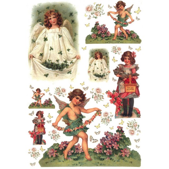 Springtime Angels with Shamrocks and Flowers Rice Paper Decoupage Sheet ~ Italy