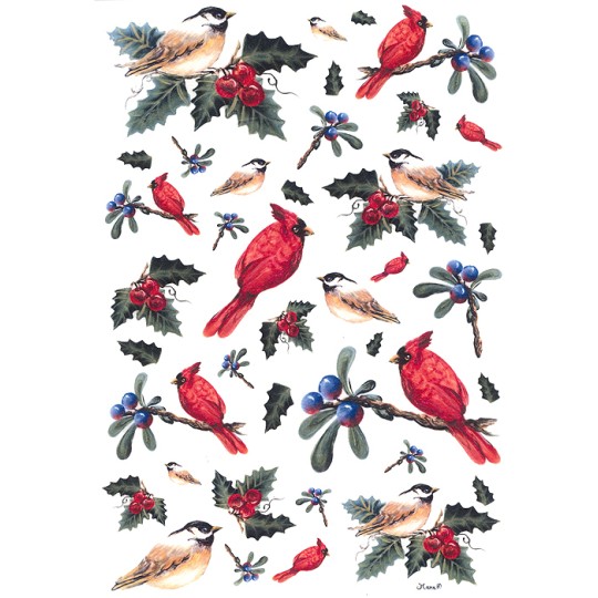Christmas Cardinals and Birds with Holly Rice Paper Decoupage Sheet ~ Italy
