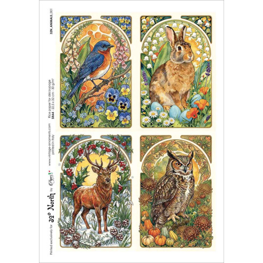 Art Nouveau Animals Through the Seasons Rice Paper Decoupage Sheet ~ Italy
