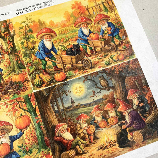 Mushroom Cap Gnomes with Black Cats Halloween Rice Paper Decoupage Sheet ~ Italy
