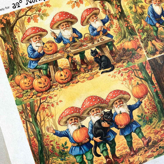 Mushroom Cap Gnomes with Black Cats Halloween Rice Paper Decoupage Sheet ~ Italy