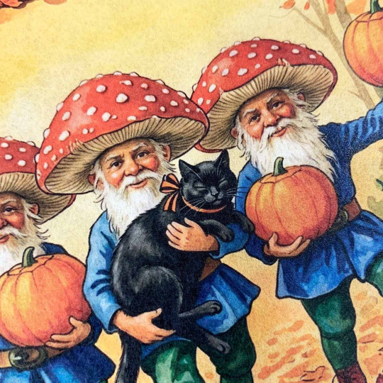 Mushroom Cap Gnomes with Black Cats Halloween Rice Paper Decoupage Sheet ~ Italy