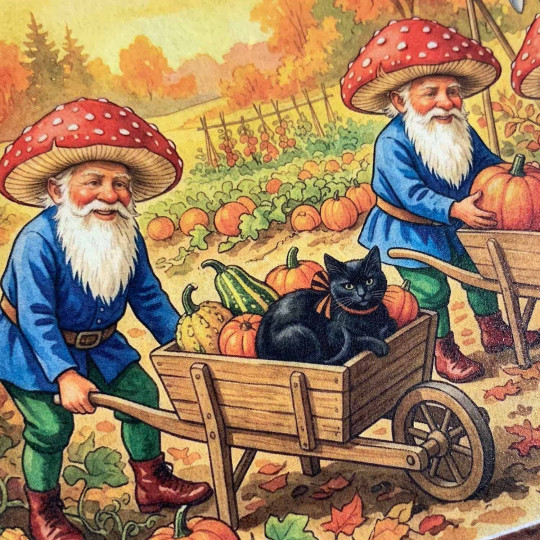 Mushroom Cap Gnomes with Black Cats Halloween Rice Paper Decoupage Sheet ~ Italy