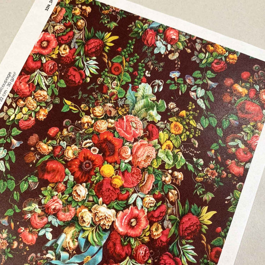 Dramatic Flowers on Burgundy Rice Paper Decoupage Sheet ~ Italy