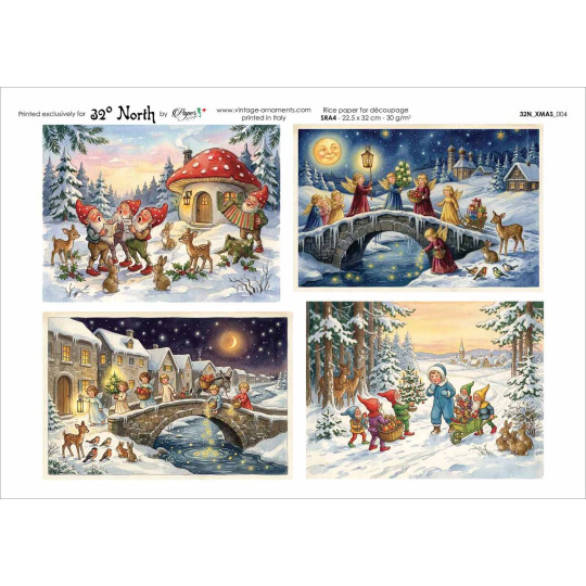 Gnomes and Angels Christmas Rice Paper Decoupage Sheet ~ Italy