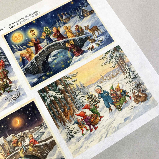 Gnomes and Angels Christmas Rice Paper Decoupage Sheet ~ Italy