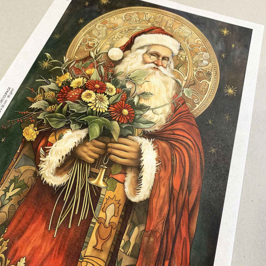 Art Nouveau Santa with Flowers Rice Paper Decoupage Sheet ~ Italy