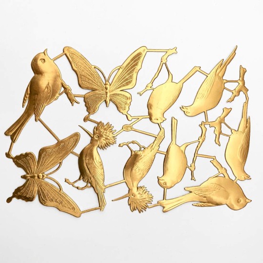 Large Antique Gold Dresden Foil Butterflies and Birds ~ 10 Assorted