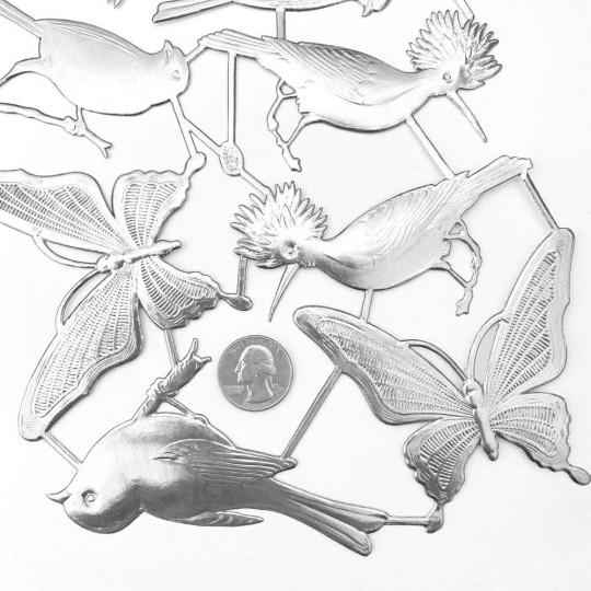 Large Silver Dresden Foil Butterflies and Birds ~ 10 Assorted