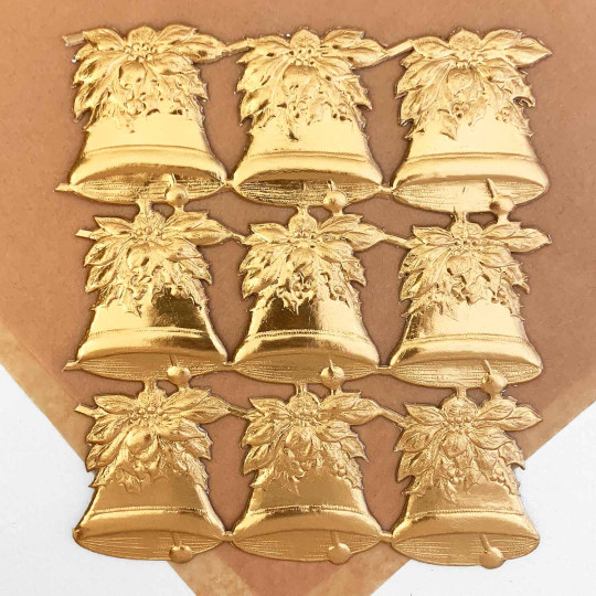 Antique Gold Poinsettia Holly Bells Dresden Chrstmas Die-Cuts ~ 9