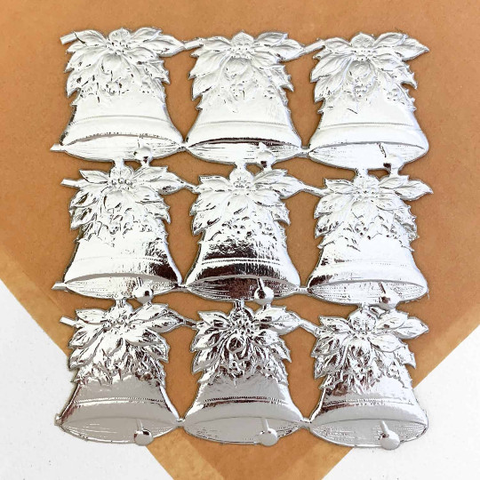 Silver Poinsettia Holly Bells Dresden Chrstmas Die-Cuts ~ 9