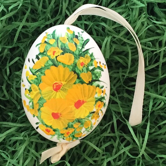 Yellow Flowers Eastern European Egg Ornament ~ Large Duck Egg~ Handmade in Slovakia