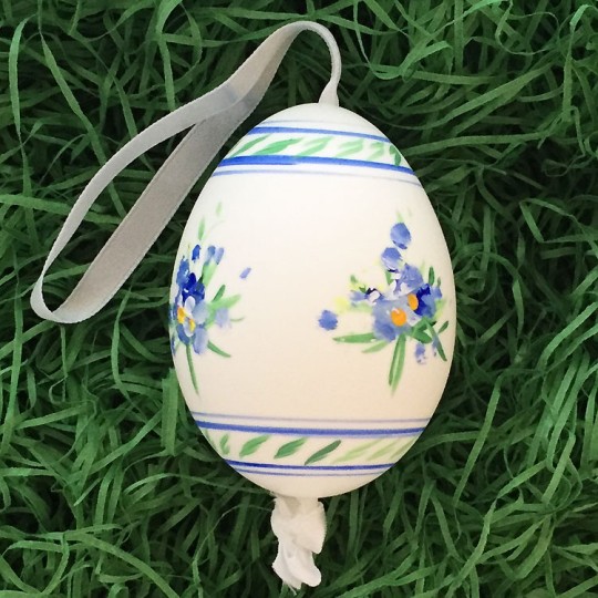 Blue Striped Floral Eastern European Egg Ornament ~ Large Duck Egg~ Handmade in Slovakia