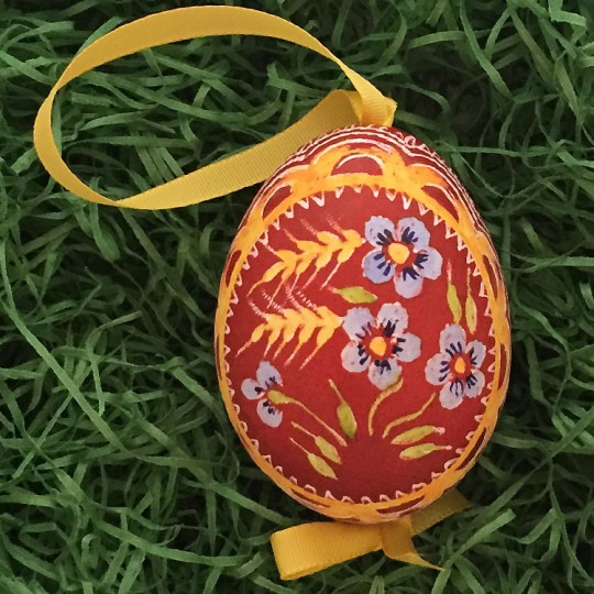 Blue Forget Me Nots on Dark Red Eastern European Egg Ornament ~ Handmade in Slovakia