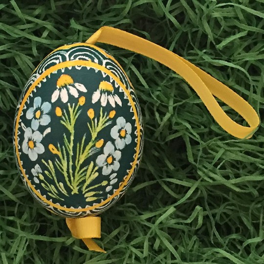 Forget Me Nots and Daisies on Green Eastern European Egg Ornament ~ Handmade in Slovakia