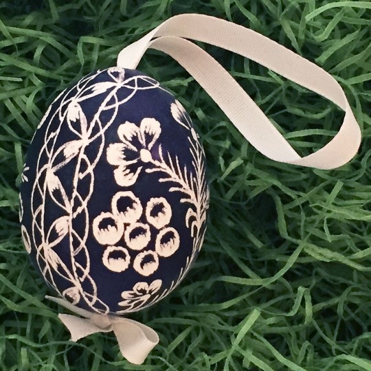 Navy Blue Floral Eastern European Egg Ornament ~ Handmade in Slovakia