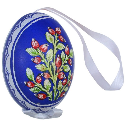 Rose Hips on Dark Blue Eastern European Egg Ornament ~ Handmade in Slovakia