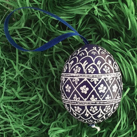 Navy Blue and White Folkloric Eastern European Egg Ornament ~ Handmade in Slovakia ~ Wax Etched