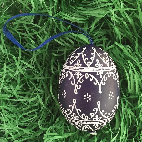Navy Blue and White Folkloric Eastern European Egg Ornament ~ Handmade in Slovakia ~ Wax Etched