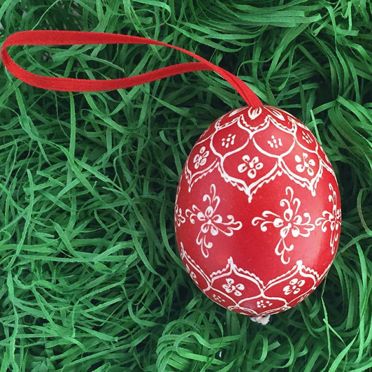 Red and White Folkloric Eastern European Egg Ornament ~ Handmade in Slovakia ~ Wax Etched
