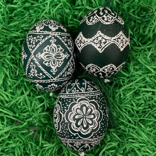 Green and White Folkloric Eastern European Egg Ornament ~ Handmade in Slovakia ~ Wax Etched