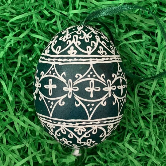 Green and White Folkloric Eastern European Egg Ornament ~ Handmade in Slovakia ~ Wax Etched