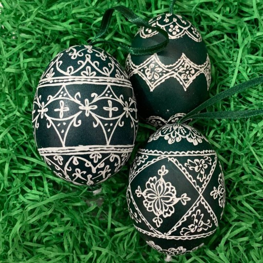 Green and White Folkloric Eastern European Egg Ornament ~ Handmade in Slovakia ~ Wax Etched