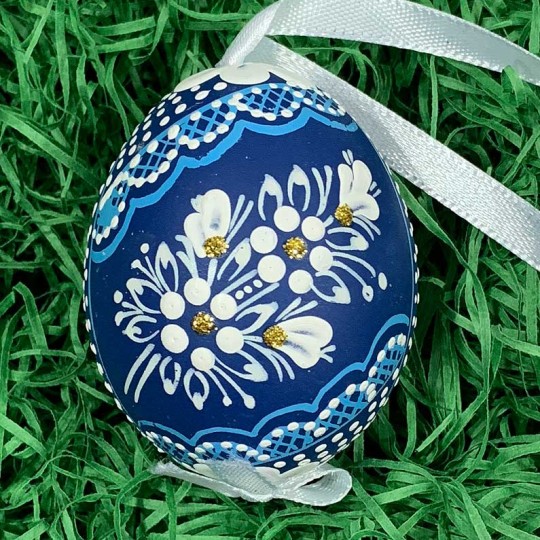 Blue Folkloric Dot and Flowers Eastern European Egg Ornament ~ Handmade in Slovakia