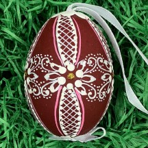 Burgundy Folkloric Dot and Flowers Eastern European Egg Ornament ~ Handmade in Slovakia