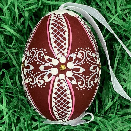 Burgundy Folkloric Dot and Flowers Eastern European Egg Ornament ~ Handmade in Slovakia