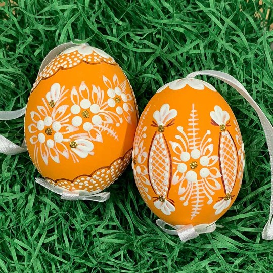 Light Orange Folkloric Dot and Flowers Eastern European Egg Ornament ~ Handmade in Slovakia