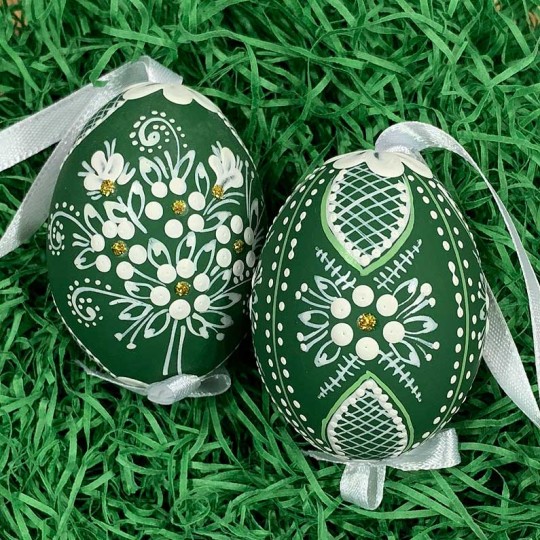 Green Folkloric Dot and Flowers Eastern European Egg Ornament ~ Handmade in Slovakia