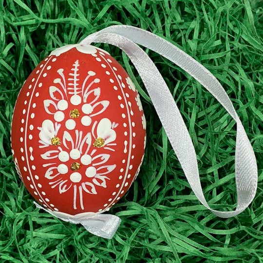 Red Folkloric Dot and Flowers Eastern European Egg Ornament ~ Handmade in Slovakia