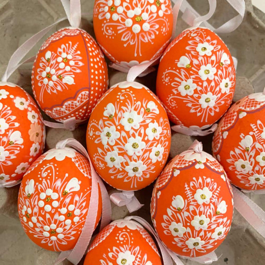 Orange Folkloric Dot and Flowers Eastern European Egg Ornament ~ Handmade in Slovakia