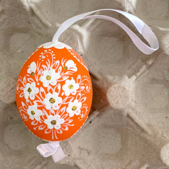 Orange Folkloric Dot and Flowers Eastern European Egg Ornament ~ Handmade in Slovakia