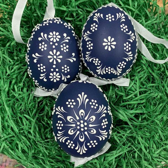 Navy Blue Dot Floral Eastern European Egg Ornament ~ Handmade in Slovakia