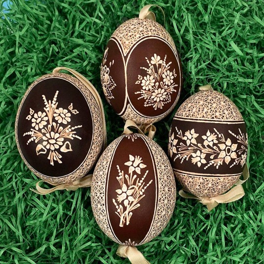Brown Folkloric Floral Etched Design Eastern European Egg Ornament ~ Handmade in Slovakia