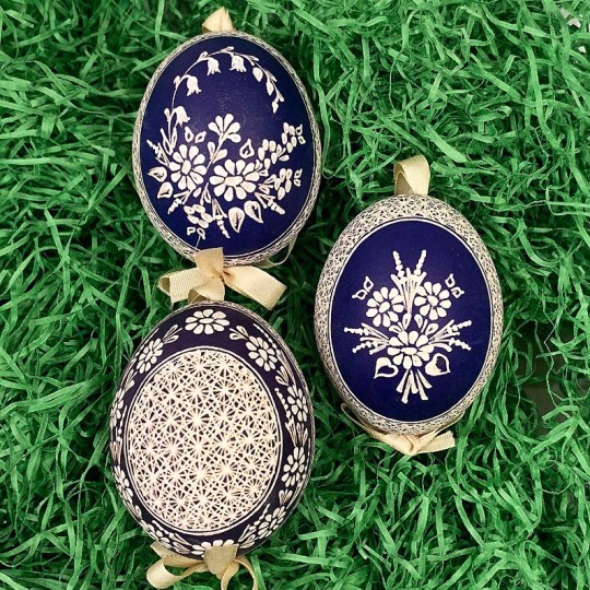 Dark Blue Folkloric Floral Etched Design Eastern European Egg Ornament ~ Handmade in Slovakia