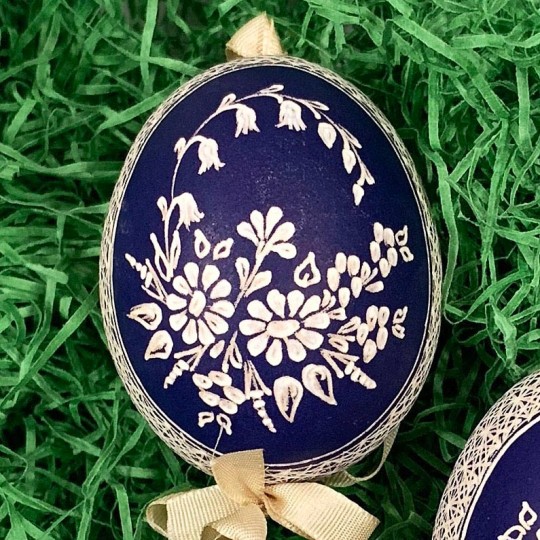 Dark Blue Folkloric Floral Etched Design Eastern European Egg Ornament ~ Handmade in Slovakia
