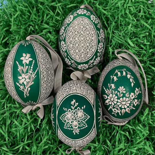 Green Folkloric Floral Etched Design Eastern European Egg Ornament ~ Handmade in Slovakia