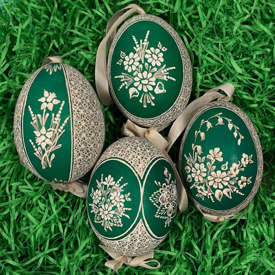 Green Folkloric Floral Etched Design Eastern European Egg Ornament ~ Handmade in Slovakia