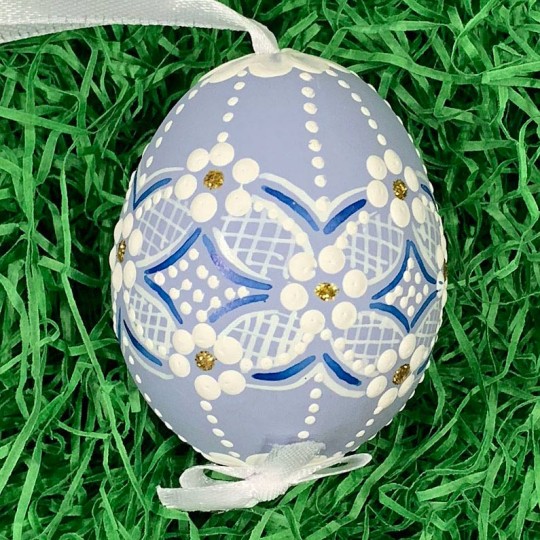 Blue Folkloric Dot and Flowers Eastern European Egg Ornament ~ Handmade in Slovakia