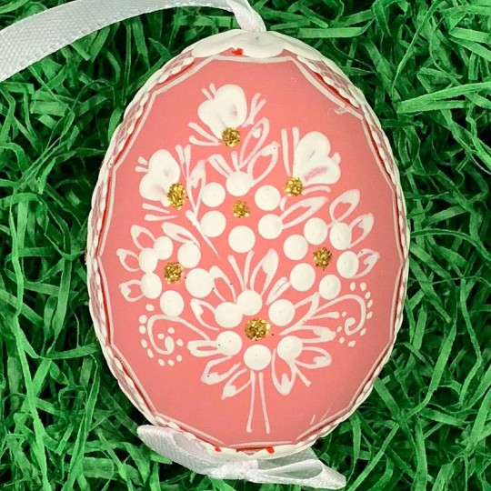 Coral Folkloric Dot and Flowers Eastern European Egg Ornament ~ Handmade in Slovakia