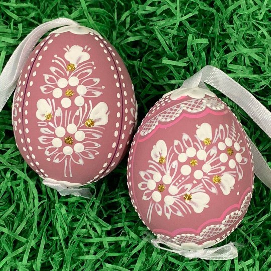 Mauve Folkloric Dot and Flowers Eastern European Egg Ornament ~ Handmade in Slovakia