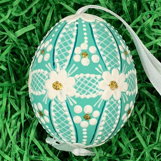 Teal Folkloric Dot and Flowers Eastern European Egg Ornament ~ Handmade in Slovakia