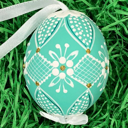 Teal Folkloric Dot and Flowers Eastern European Egg Ornament ~ Handmade in Slovakia