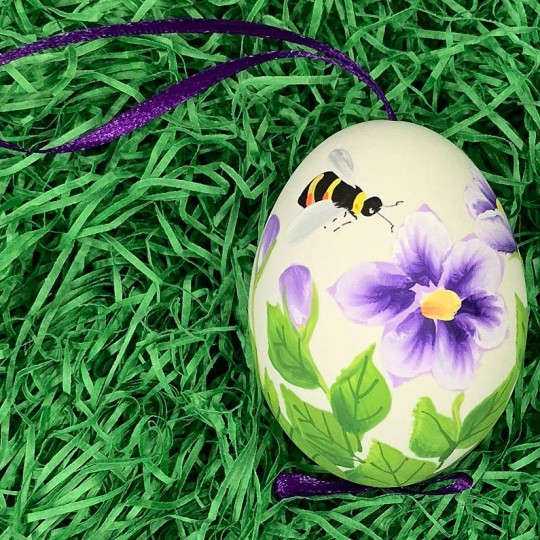 Bee and Purple Floral Eastern European Egg Ornament ~ Large Duck Egg~ Handmade in Slovakia