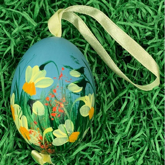Daffodils on Teal Eastern European Egg Ornament ~ Large Duck Egg~ Handmade in Slovakia