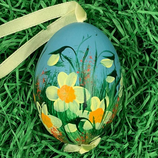 Daffodils on Teal Eastern European Egg Ornament ~ Large Duck Egg~ Handmade in Slovakia